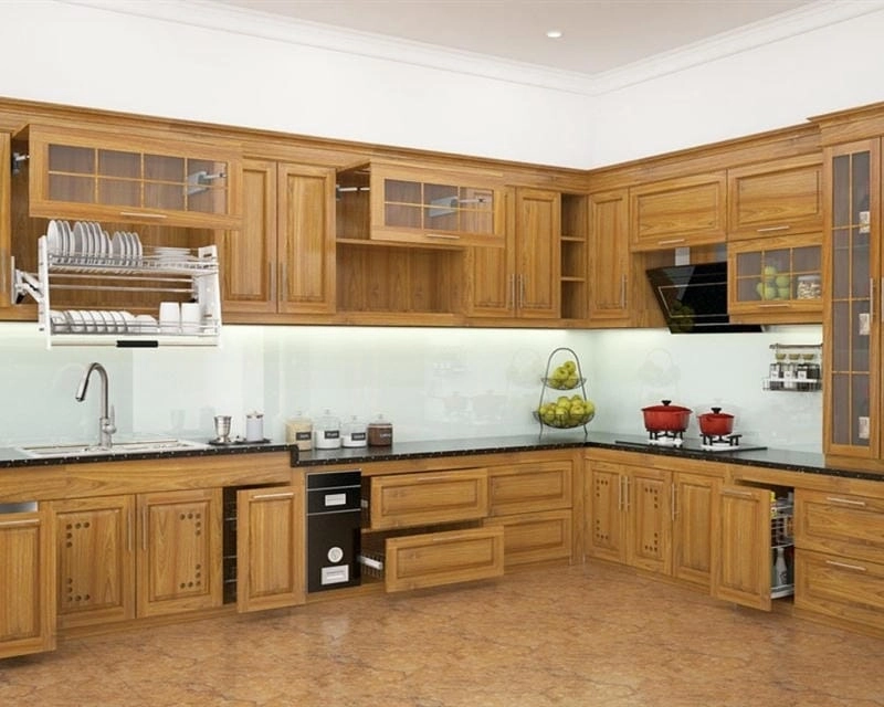 kệ gỗ nhà bếp đẹp kết hợp công năng và thẩm mỹ