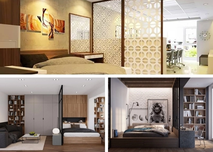 Mẫu vách ngăn phòng ngủ kết hợp kệ trang trí tiện ích