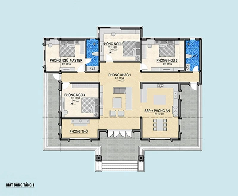 mẫu nhà 4 phòng ngủ 1 tầng không gian sống hiện đại tiện nghi