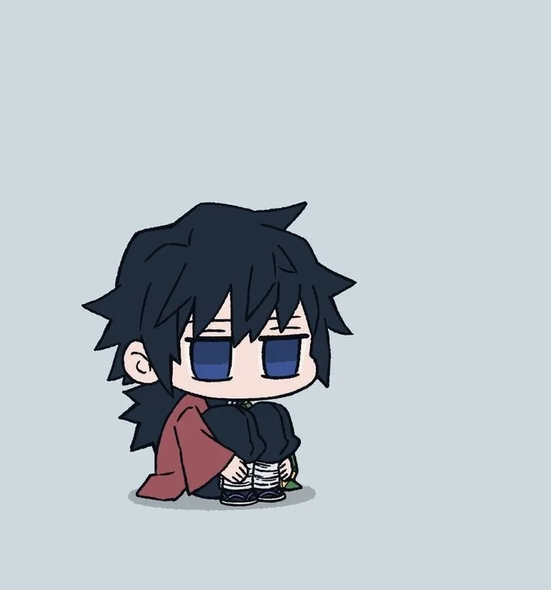 Giyuu chibi thường mặc bộ đồng phục Trụ Cột và có ánh mắt u buồn dễ thương