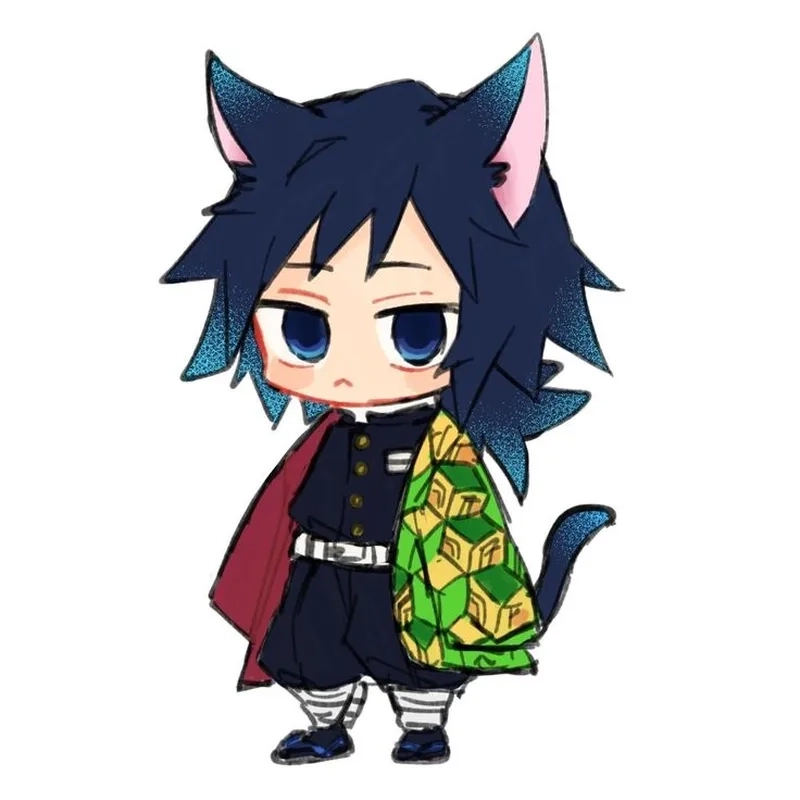 Giyuu chibi cute thường có thêm chi tiết hài như cá chép, mèo hoặc hoa anh đào