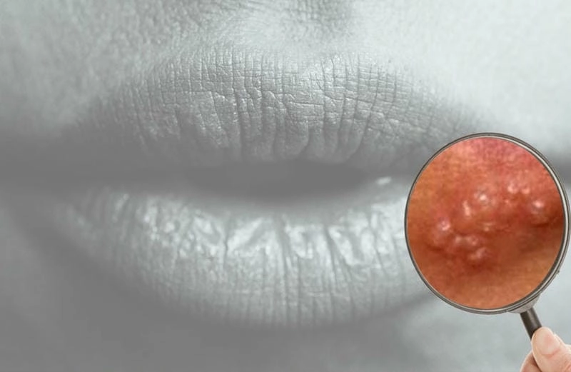 Hình ảnh zona ở môi điển hình là vết loét nhỏ
