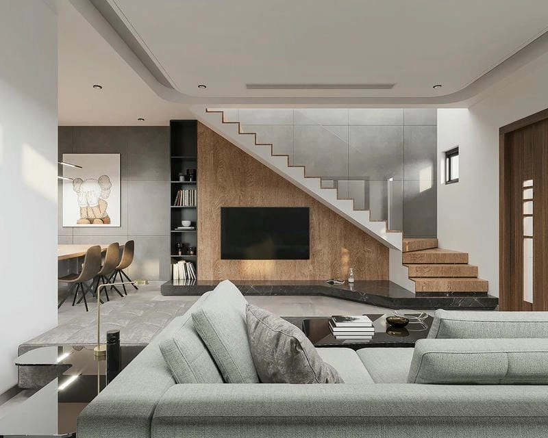 mẫu phòng khách nhà ống có cầu thang sắp xếp hợp lý tiện nghi