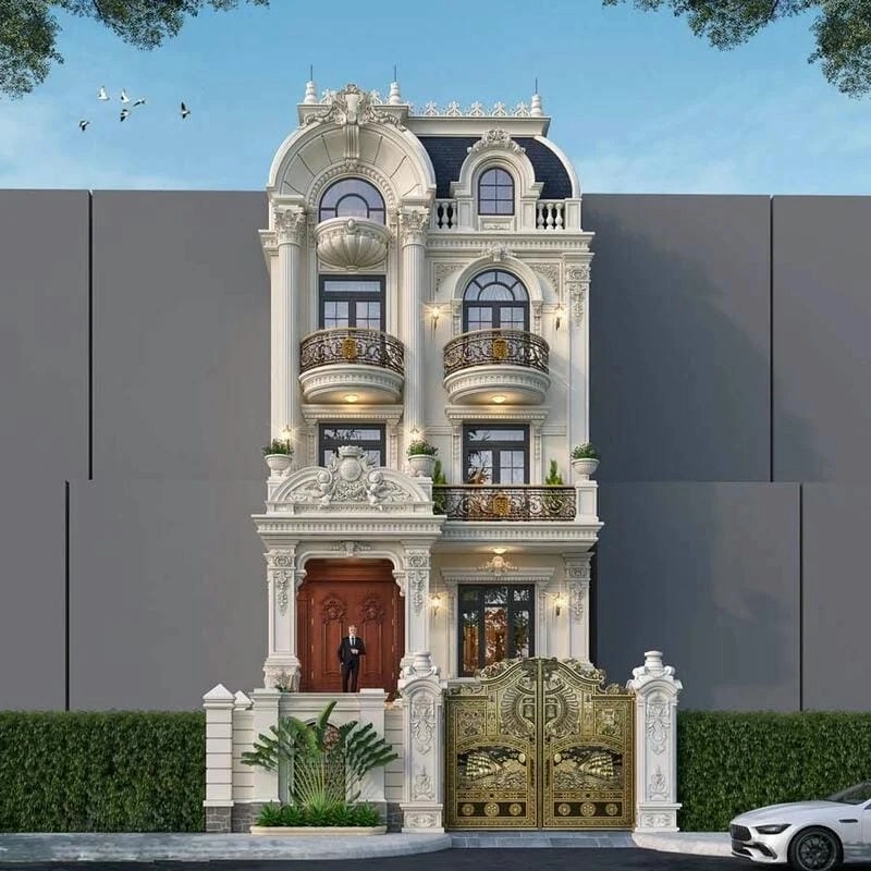 mẫu cổng nhà phố 5m gọn gàng hài hòa kiến trúc phố