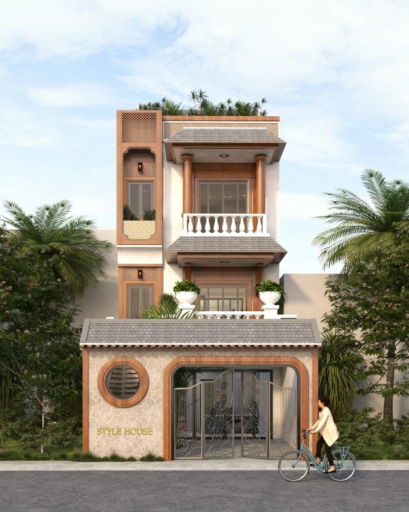 mặt tiền nhà phong cách indochine ấn tượng từng chi tiết gỗ