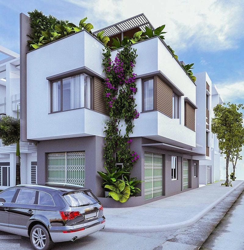 mẫu nhà lô góc 2 mặt tiền 2 tầng nổi bật giữa khu phố đông đúc