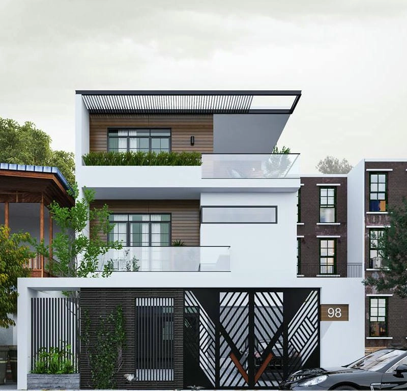 mẫu nhà biệt thự 3 tầng mái bằng vuông vức đậm chất tối giản