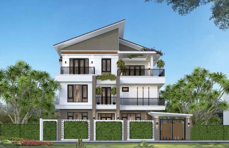 mẫu nhà biệt thự 3 tầng mái lệch phá cách trẻ trung năng động