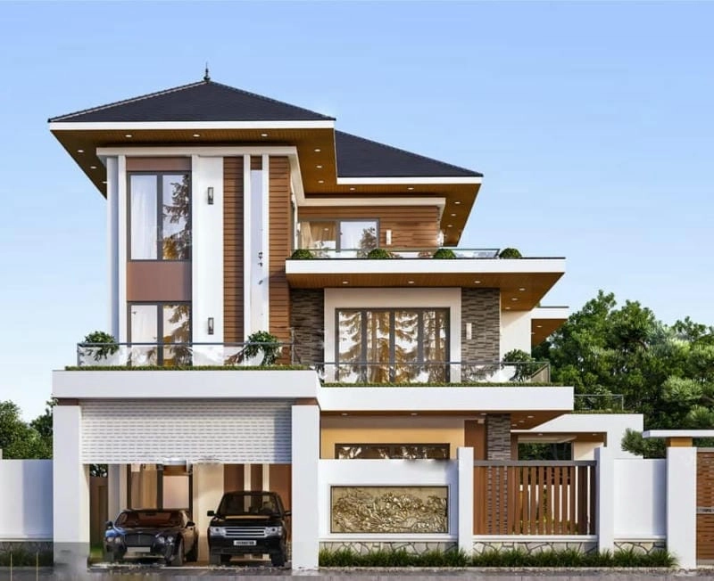 mẫu nhà 1 trệt 2 lầu đẹp 2021 sang trọng hài hòa xu hướng