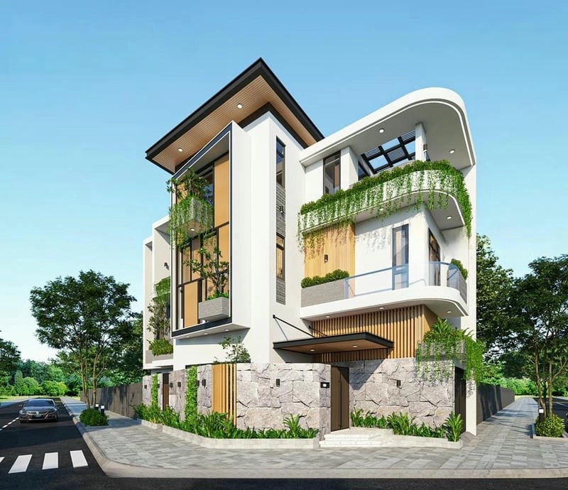 mẫu nhà lô góc hai mặt tiền đẹp cuốn hút góc nhìn từ xa