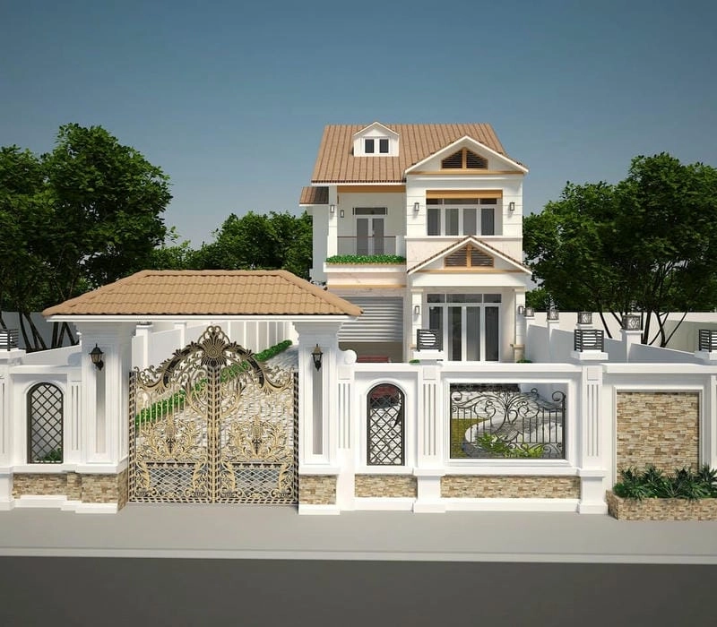 nhà ống 2 tầng mái ngói đẹp thích hợp cho khu dân cư đông đúc