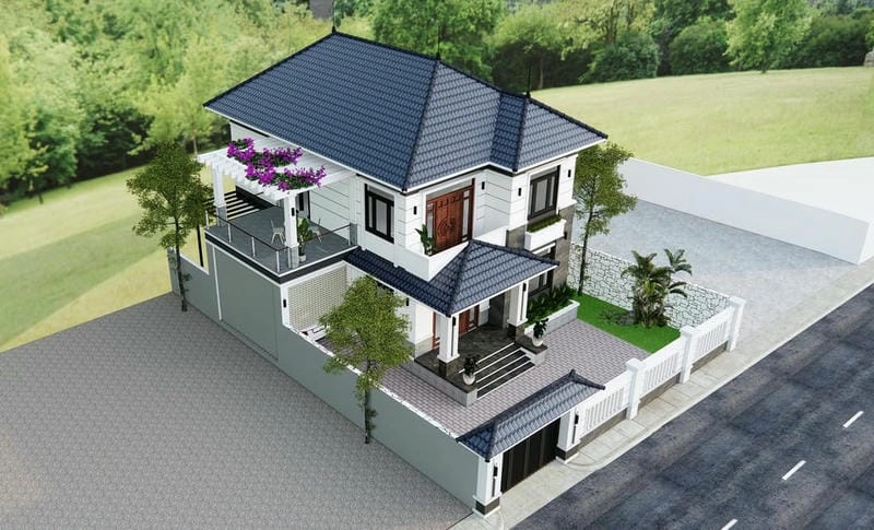 nhà 2 tầng mái ngói đỏ gợi nhớ phong cách truyền thống