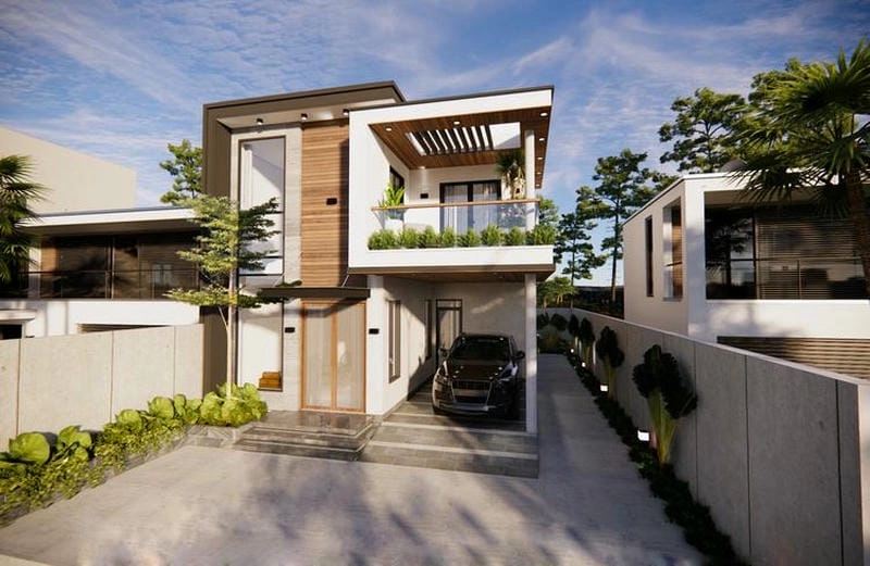 mẫu mặt tiền nhà phố 2 tầng hiện đại phối cảnh trẻ trung năng động