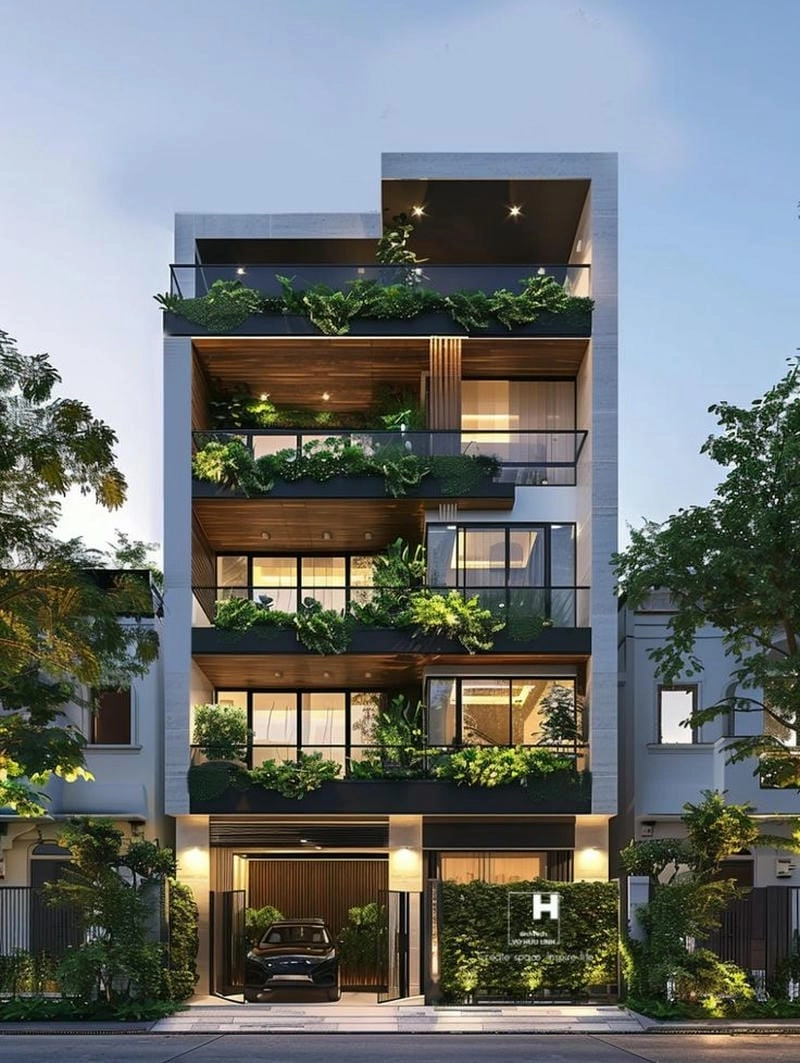 Mẫu nhà ống 5 tầng đẹp phối cảnh mặt tiền ấn tượng
