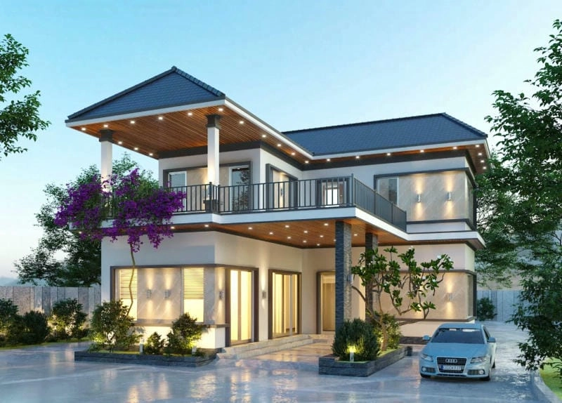 mẫu nhà vườn 2 tầng ở quê gần gũi hài hòa thiên nhiên