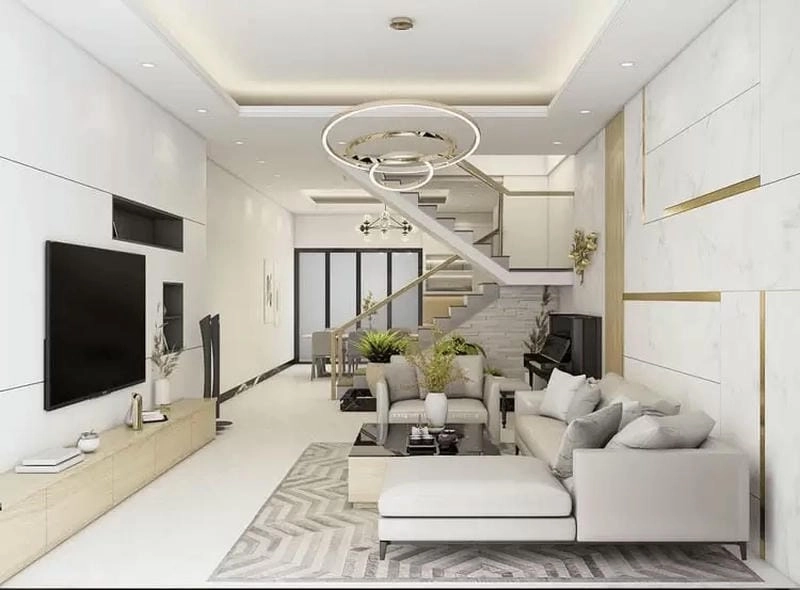 mẫu phòng khách nhà ống 6m mở rộng thoáng đãng hiện đại