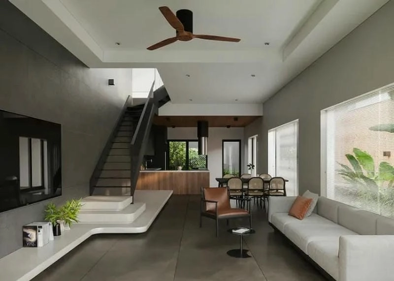 mẫu nhà ống 1 tầng có cầu thang sắp xếp tiện nghi sang