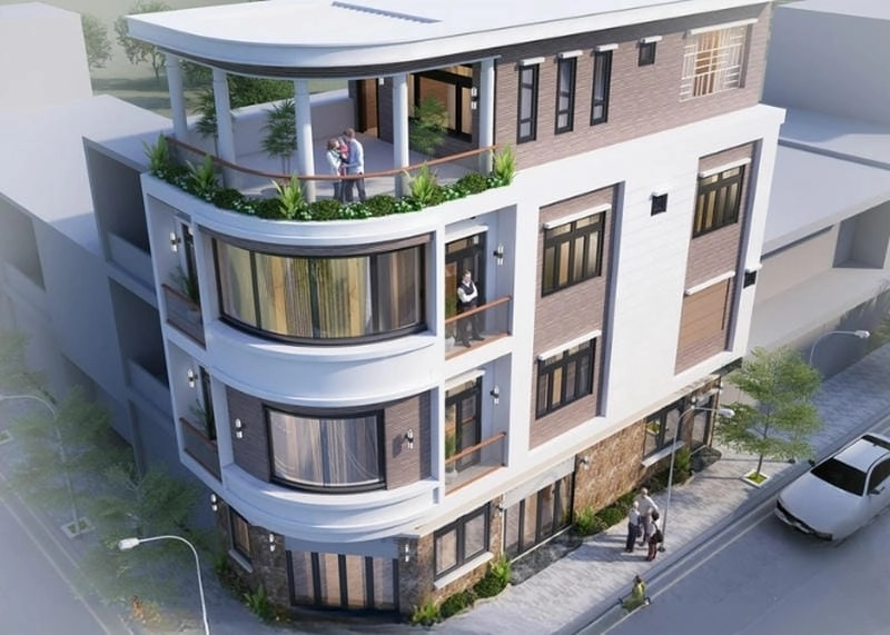 mặt tiền nhà ống 4 tầng đẹp kết hợp kính và lam chắn sáng