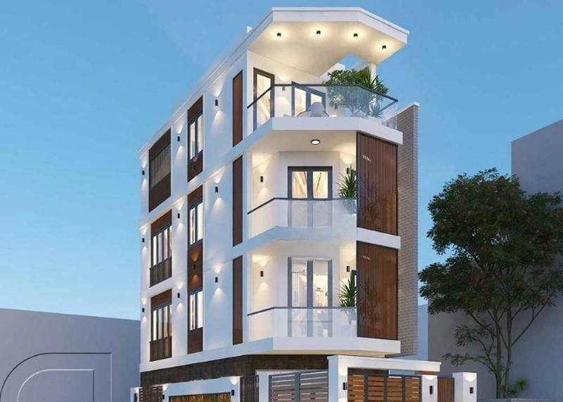 nhà 4 tầng 2 mặt tiền đẹp nổi bật giữa khu phố đông đúc