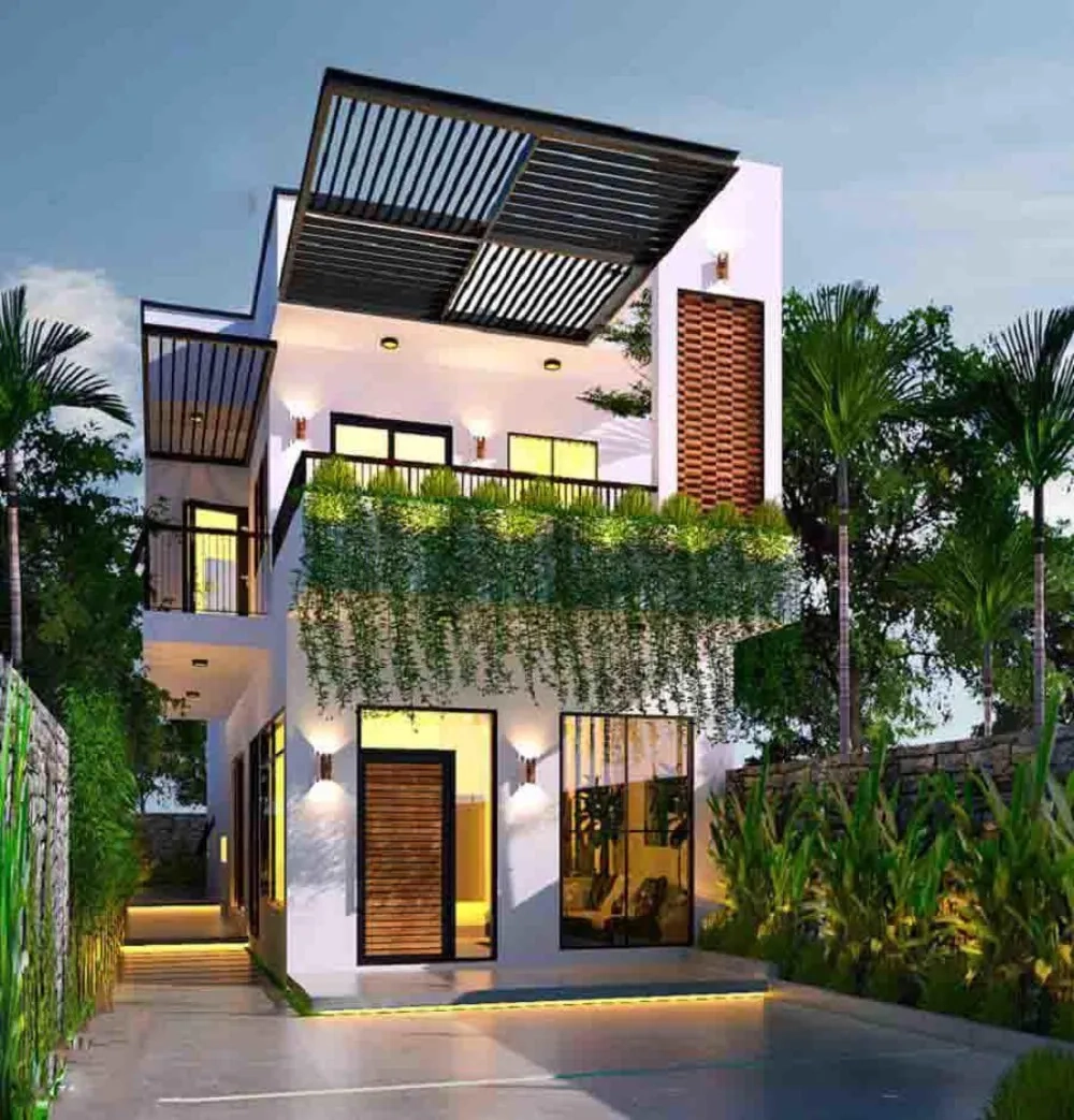 Tham khảo mẫu nhà ống 2 tầng mặt tiền 6m mái bằng sang