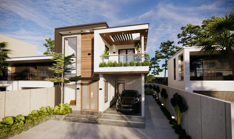 Tham khảo mẫu nhà phố nhà 2 tầng 1 tum mái tôn tiện lợi