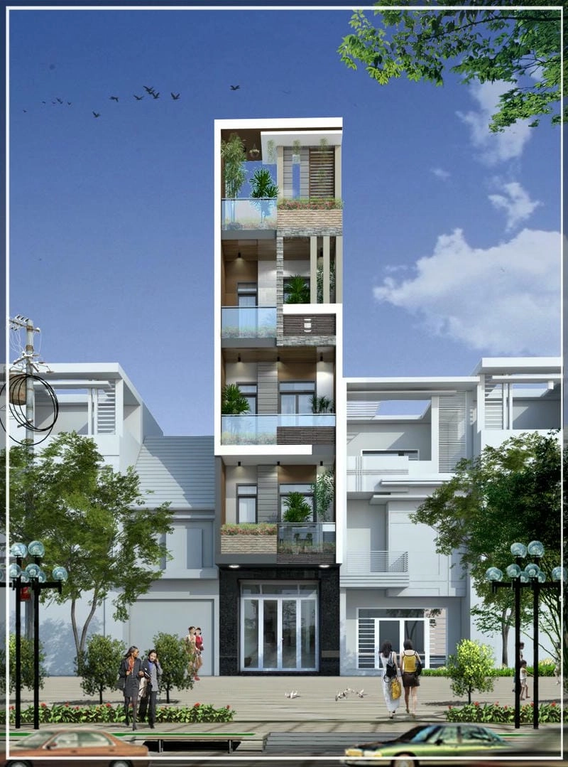Mẫu nhà phố 5 tầng hiện đại phong cách tối giản trẻ trung