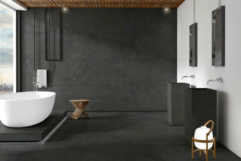 gạch nhà tắm màu ghi nhã nhặn và thanh lịch hiện đại