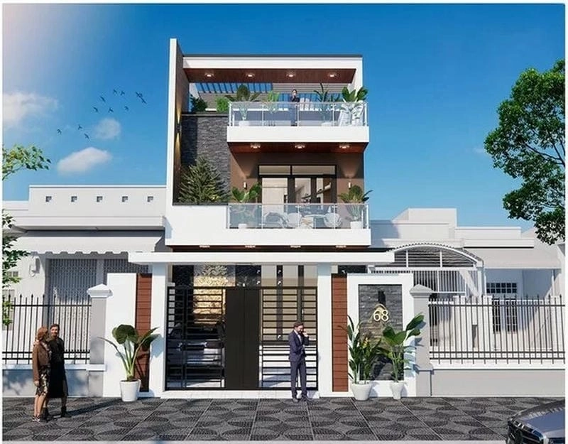 Sử dụng vật liệu mới cho nhà 2 tầng 1 tum hiện đại