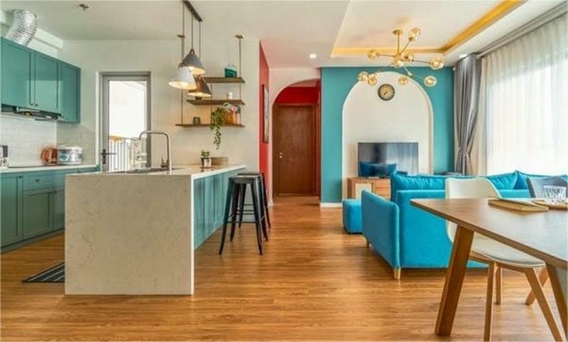 mẫu nhà bếp liền phòng khách mở rộng không gian