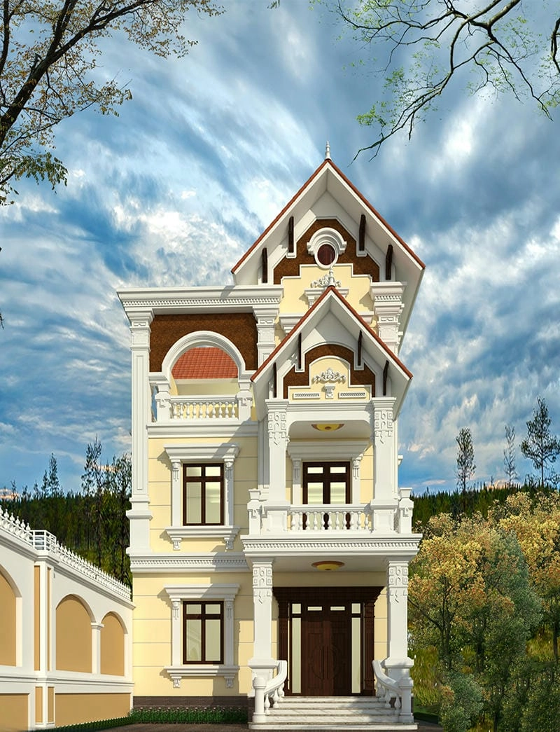 sơn mặt tiền nhà màu vàng kem nhẹ nhàng sang trọng cuốn hút