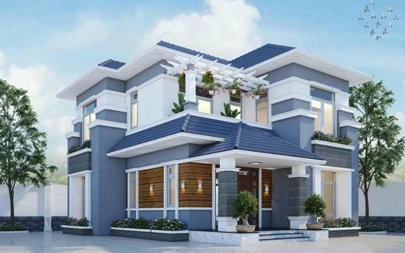 sơn mặt tiền nhà màu xanh ghi tạo điểm nhấn tươi mới