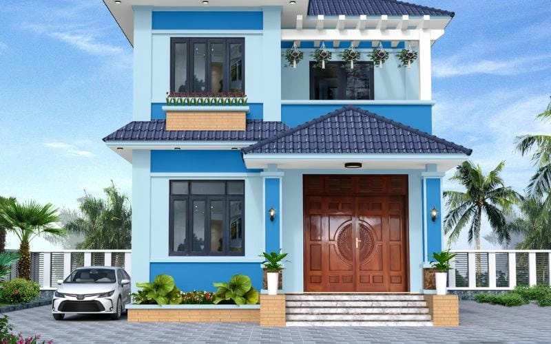 sơn mặt tiền nhà màu xanh dương mát mẻ nổi bật không gian