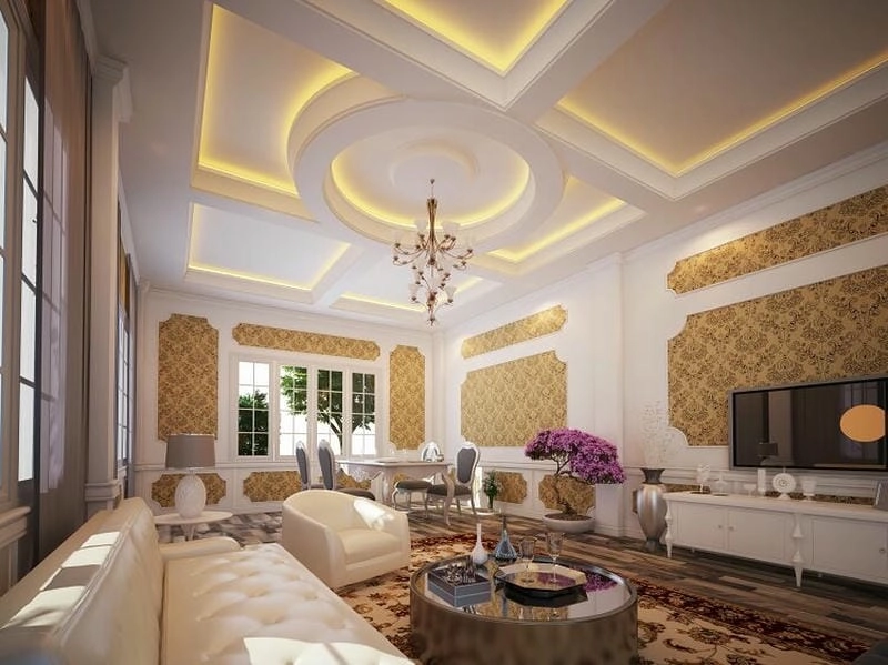 mẫu trần thạch cao phòng khách nhà biệt thự sang trọng đẳng cấp