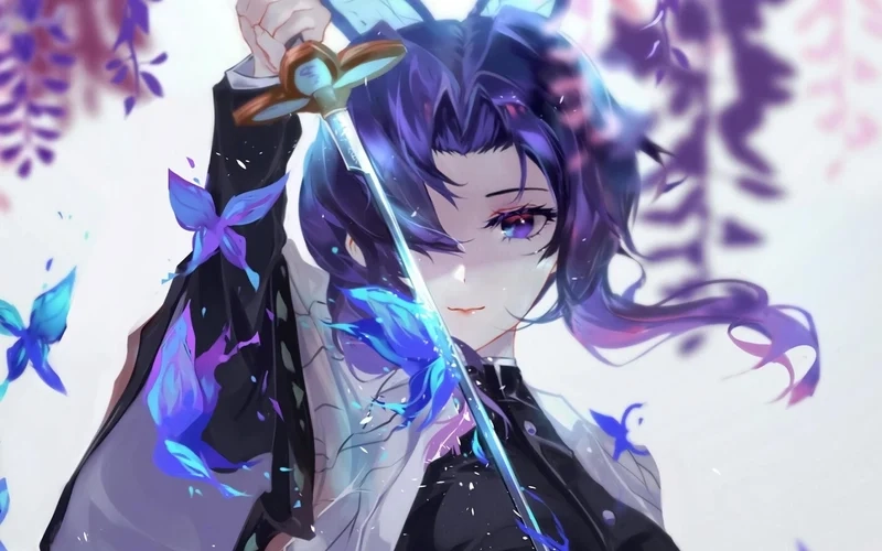 Hình ảnh Kochou Shinobu thường được sử dụng làm hình nền bởi sắc tím dịu mát và hiệu ứng bướm bay