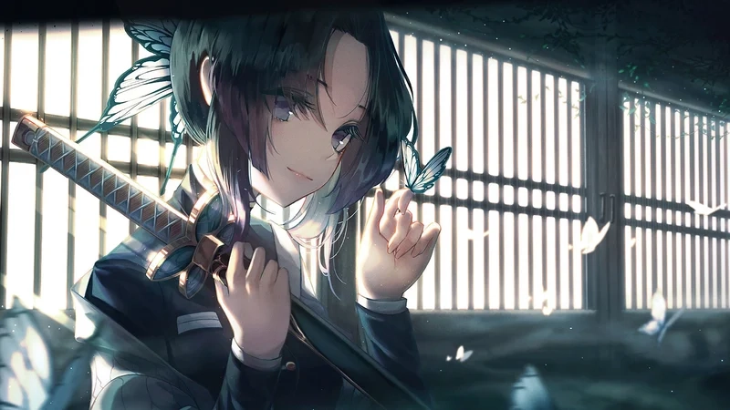 Shinobu anime nổi bật với tạo hình duyên dáng, đôi mắt tím sâu thẳm và kỹ thuật chiến đấu bằng độc