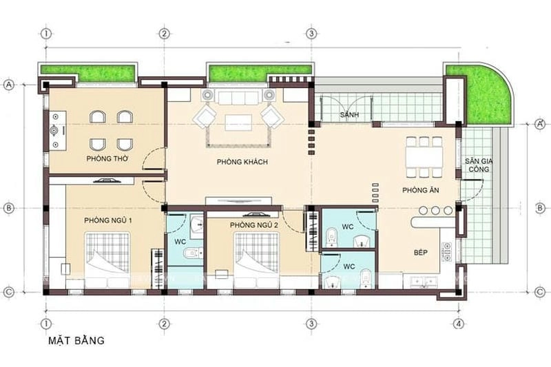 Chiêm ngưỡng sơ đồ mẫu nhà cấp 4 hiện đại 4x16m 2 phòng ngủ đẹp nhẹ nhàng