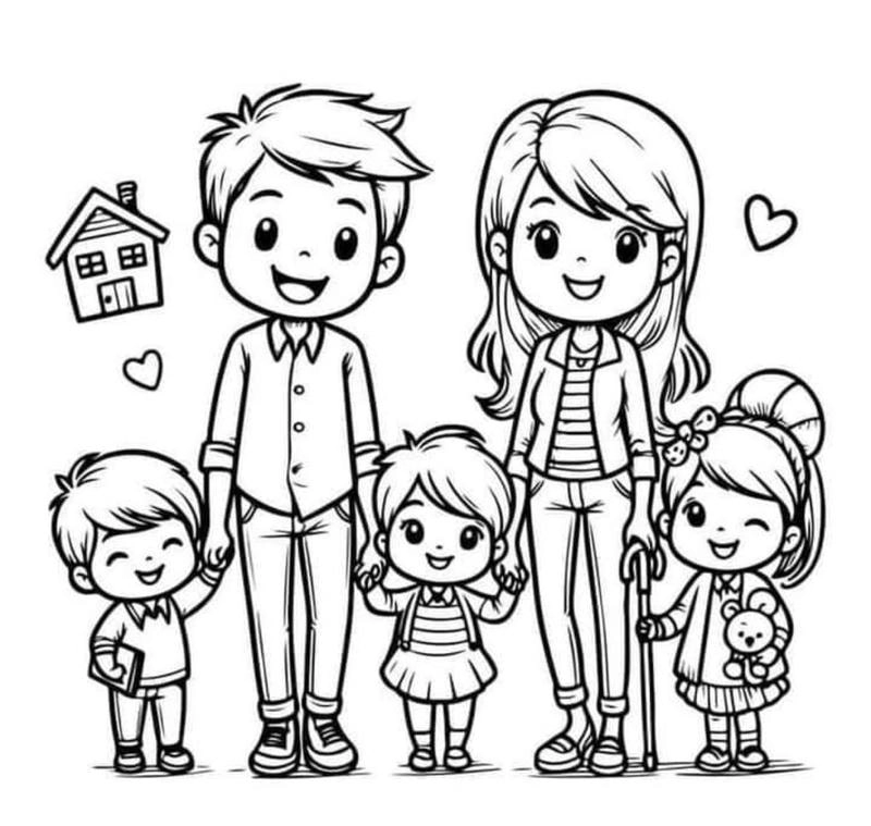 Bé yêu thích tô màu gia đình 5 người hạnh phúc