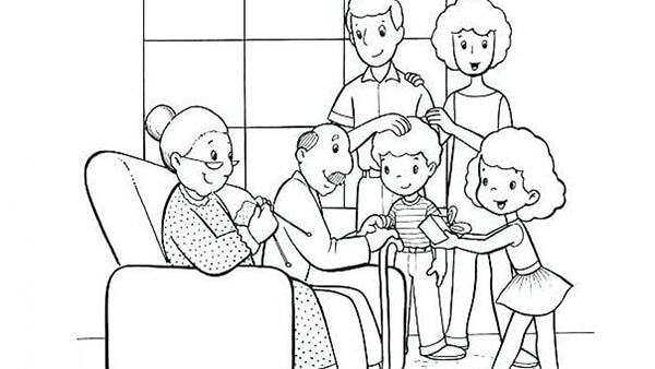 Tranh tô màu bé chúc tết ông bà, nét vẽ ấm áp