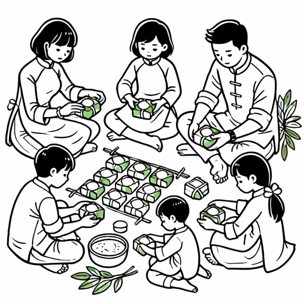 Tranh tô màu bánh chưng ngày tết, bé vẽ bánh xanh đẹp