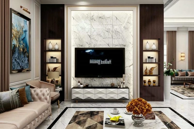 Thiết kế tối giản cùng vách tivi đơn giản tiện nghi