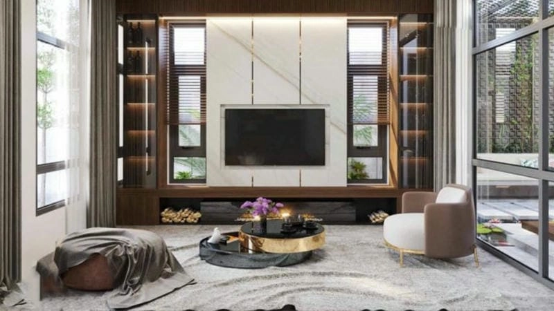 Không gian sang với vách tivi phòng khách đẹp