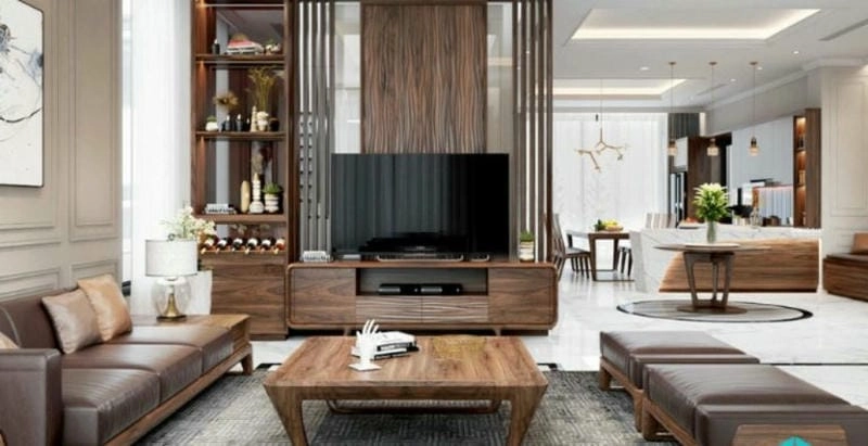 Không gian mở nhờ vách ngăn phòng khách và bếp kết hợp kệ tivi