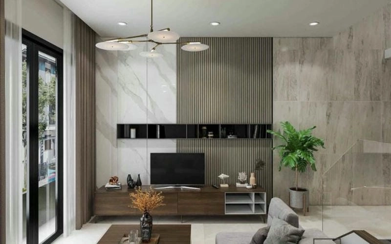 Tạo bố cục cân đối với vách để tivi phòng khách