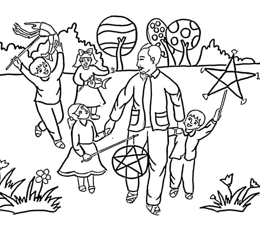 Mẫu đẹp tranh rỗng tô màu bác hồ với thiếu nhi rõ nét cho bé