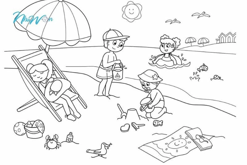 Bé yêu thích mùa hè với tranh tô màu biển và hoạt động tắm biển