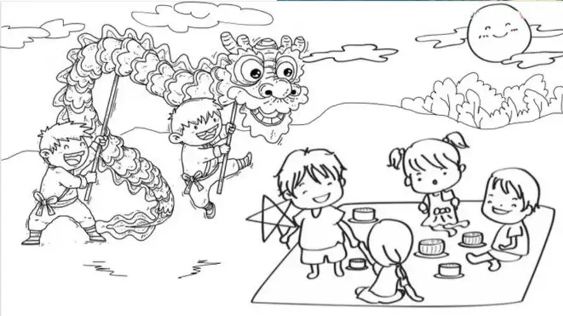 Bé hào hứng với tranh tô màu múa lân trung thu