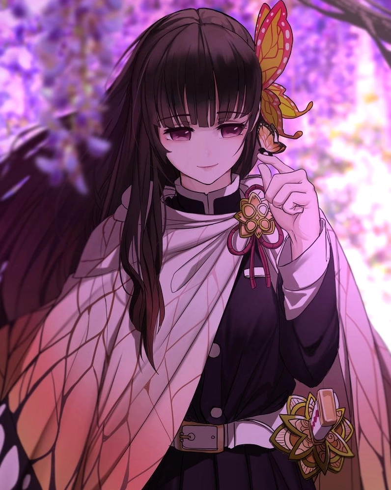 Ảnh anime Kanao đứng dưới gốc hoa tử đằng tím mộng mơ