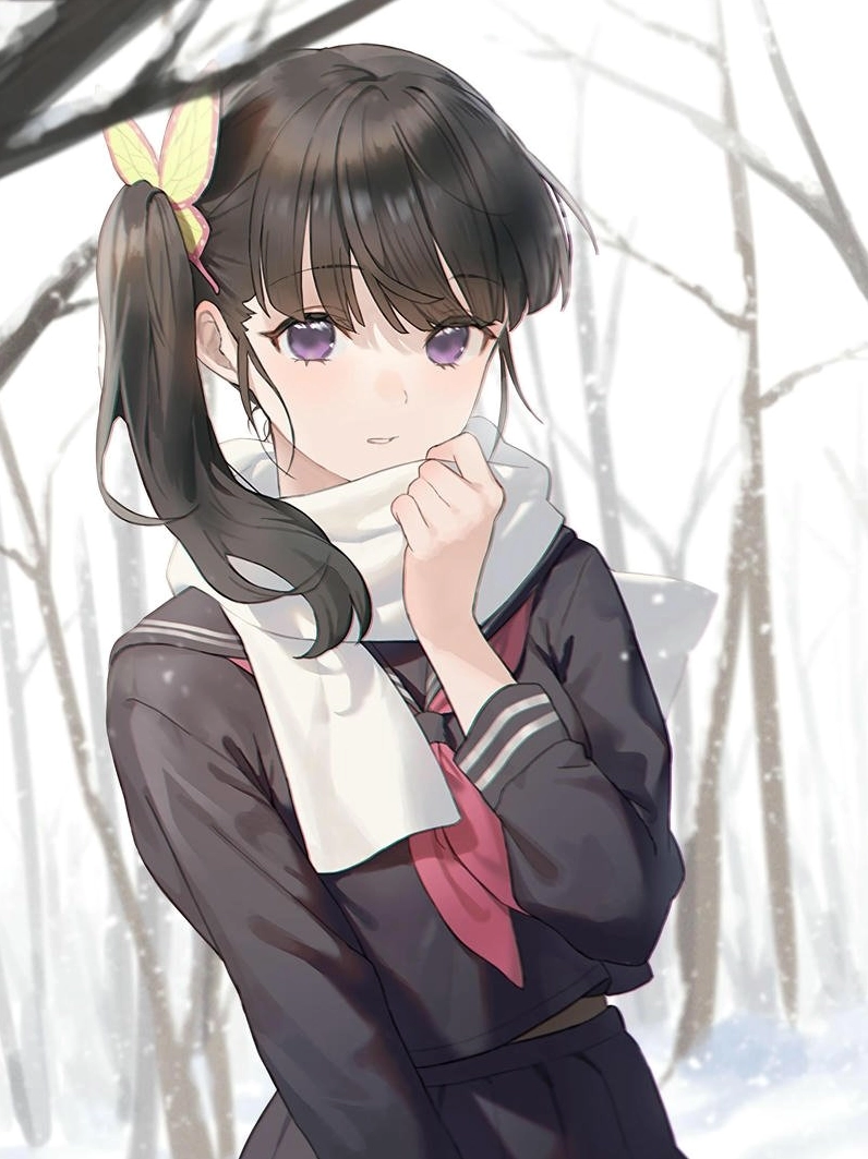 Ảnh anime Kanao mặc đồng phục nữ sinh quàng khăn len ấm