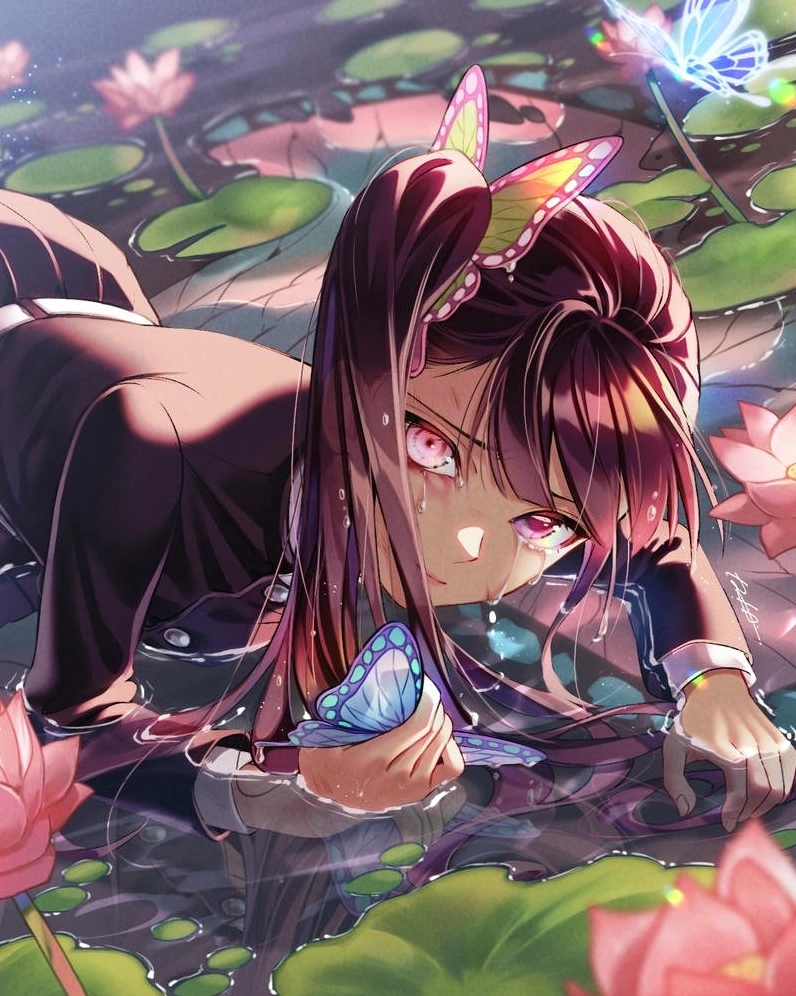 Ảnh anime Kanao nằm thư giãn giữa vườn hoa cỏ thiên nhiên