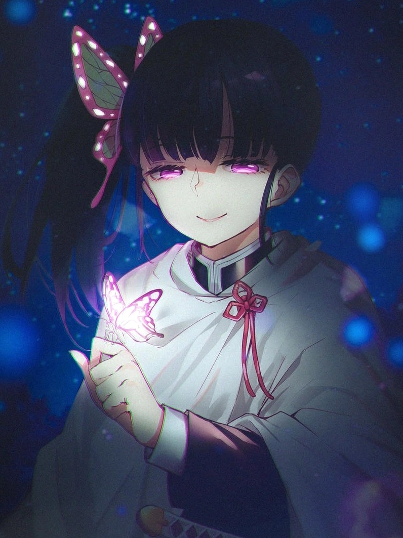 Ảnh anime Kanao nâng niu chú bướm xanh phát sáng trong đêm